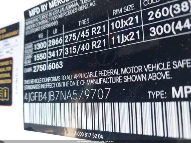 Aukcja sprzedaży 2022 Mercedes-benz Gle 350, vin: 4JGFB4JB7NA579707, numer aukcji: 44667687