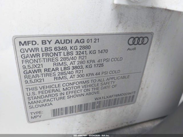 Aukcja sprzedaży 2021 Audi Q7 Premium Plus 55 Tfsi Quattro Tiptronic, vin: WA1LXAF78MD028477, numer aukcji: 44667691