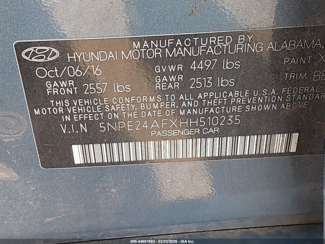 Продаж на аукціоні авто 2017 Hyundai Sonata, vin: 5NPE24AFXHH510235, номер лоту: 44667692