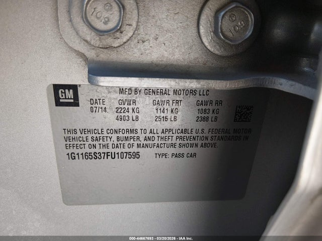 2015 Chevrolet Impala 2lz მანქანა იყიდება აუქციონზე, vin: 1G1165S37FU107595, აუქციონის ნომერი: 44667693
