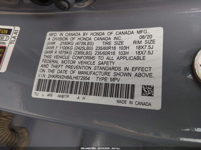 Aukcja sprzedaży 2020 Honda Cr-v Awd Ex-l, vin: 2HKRW2H84LH672954, numer aukcji: 44667695