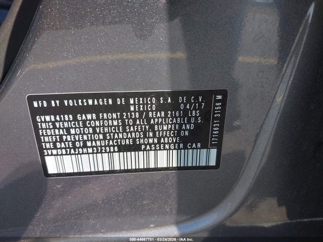 44667701 :رقم المزاد ، 3VWDB7AJ9HM372986 vin ، 2017 Volkswagen Jetta 1.4t Se مزاد بيع