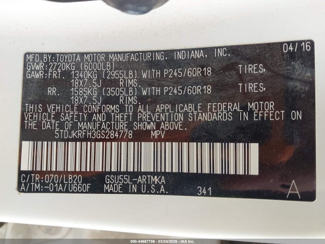 2016 TOYOTA HIGHLANDER 5TDJKRFH3GS284778 Photo 8