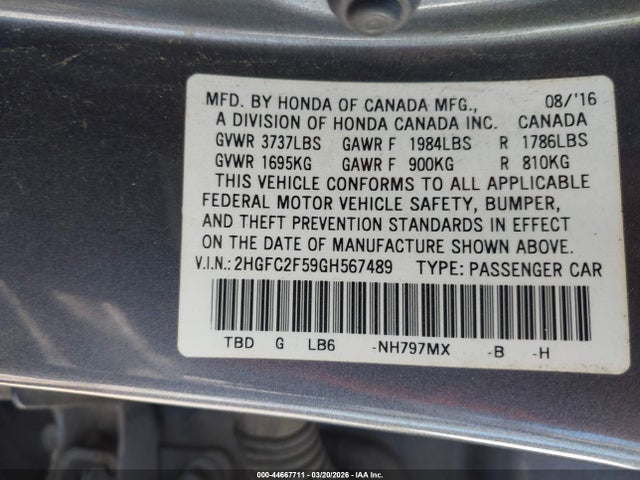 2HGFC2F59GH567489 Honda Civic Lx