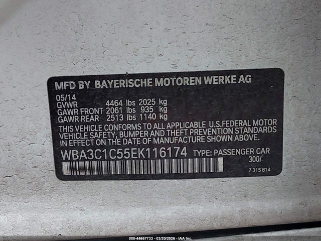 2014 Bmw 328i მანქანა იყიდება აუქციონზე, vin: WBA3C1C55EK116174, აუქციონის ნომერი: 44667733