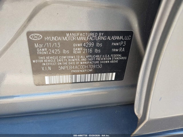 Aukcja sprzedaży 2013 Hyundai Sonata Gls, vin: 5NPEB4AC0DH709150, numer aukcji: 44667735