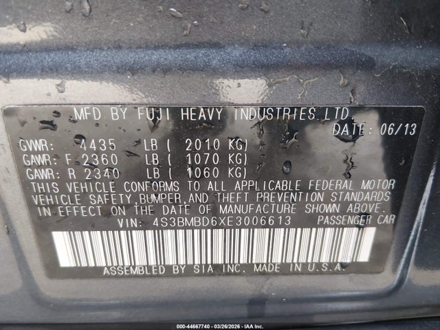 Aukcja sprzedaży 2014 Subaru Legacy 2.5i Premium, vin: 4S3BMBD6XE3006613, numer aukcji: 44667740
