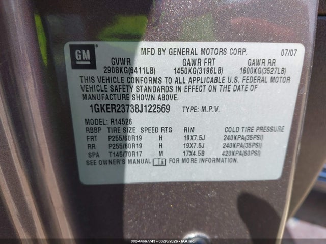 Продажа на аукционе авто 2008 Gmc Acadia Slt-1, vin: 1GKER23738J122569, номер лота: 44667743