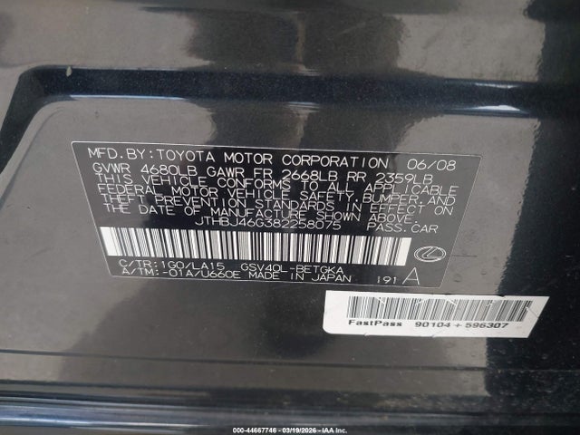 Продажа на аукционе авто 2008 Lexus Es 350, vin: JTHBJ46G382258075, номер лота: 44667746