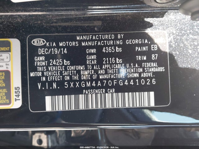 44667754 :رقم المزاد ، 5XXGM4A70FG441026 vin ، 2015 Kia Optima Lx مزاد بيع
