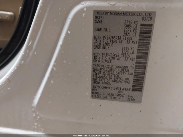 Auction sale of the 2019 Infiniti Qx60 Luxe, vin: 5N1DL0MM4KC561403, lot number: 44667758