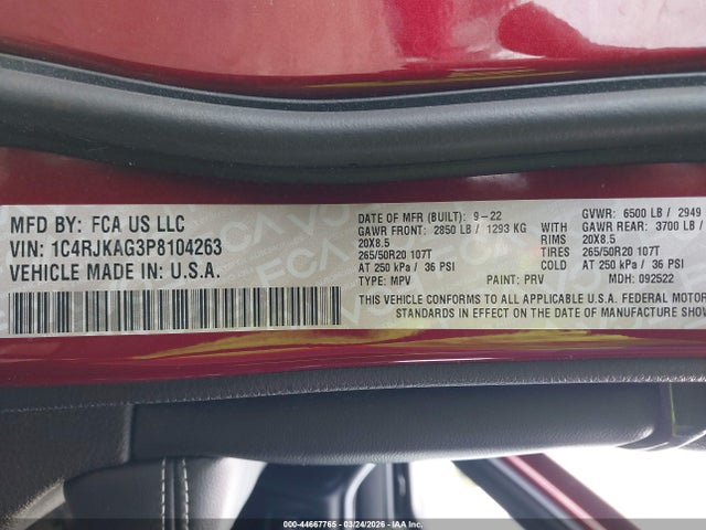 2023 Jeep Grand Cherokee L Altitude 4x4 მანქანა იყიდება აუქციონზე, vin: 1C4RJKAG3P8104263, აუქციონის ნომერი: 44667765