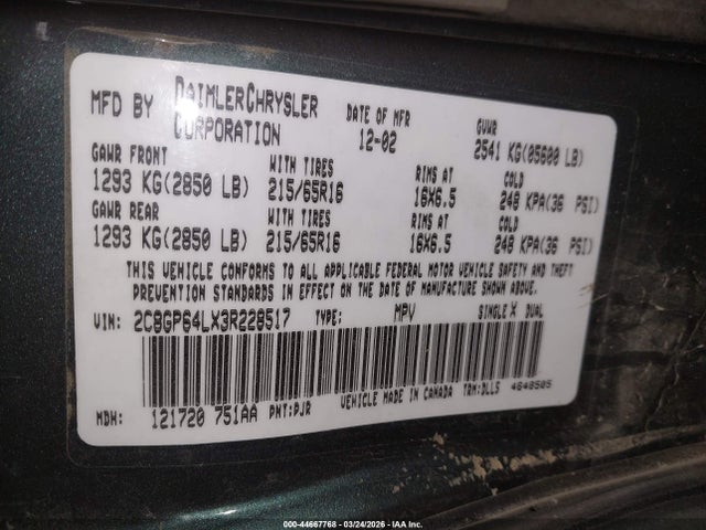 Продажа на аукционе авто 2003 Chrysler Town & Country Limited, vin: 2C8GP64LX3R228517, номер лота: 44667768