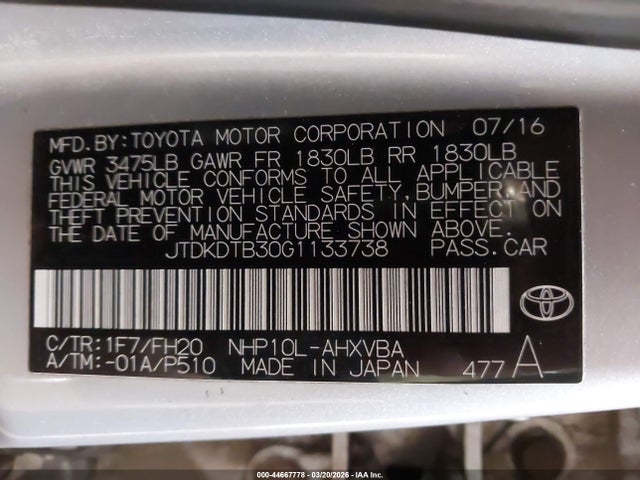 44667778 :رقم المزاد ، JTDKDTB30G1133738 vin ، 2016 Toyota Prius C One مزاد بيع
