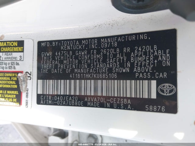 4T1B11HK7KU685106 Toyota CAMRY SE