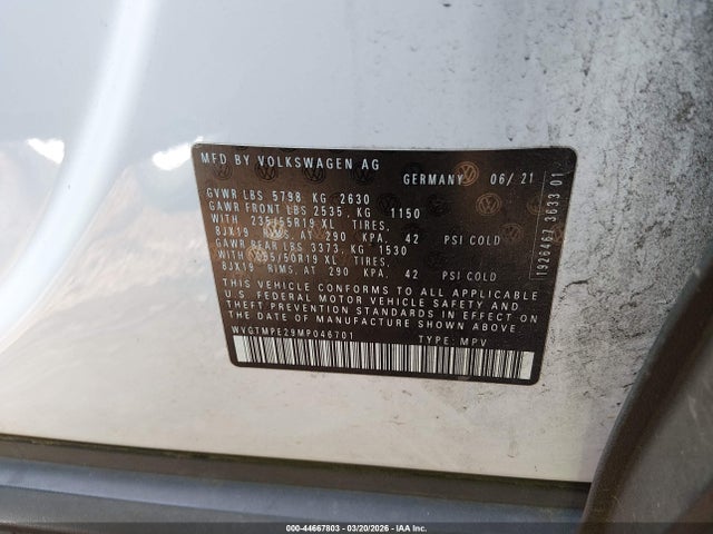 2021 Volkswagen Id.4 Pro S მანქანა იყიდება აუქციონზე, vin: WVGTMPE29MP046701, აუქციონის ნომერი: 44667803