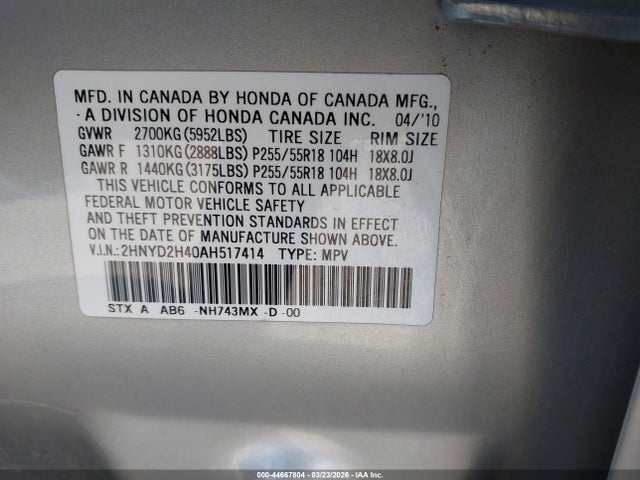 Aukcja sprzedaży 2010 Acura Mdx Technology Package, vin: 2HNYD2H40AH517414, numer aukcji: 44667804