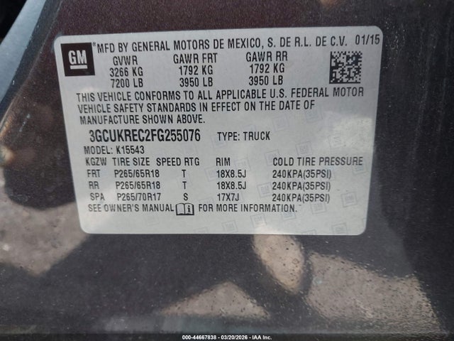 Chevrolet Silverado 1500 2lt 2015 3GCUKREC2FG255076 Image 9