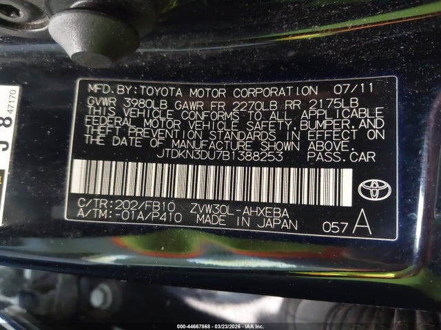 Aukcja sprzedaży 2011 Toyota Prius Three, vin: JTDKN3DU7B1388253, numer aukcji: 44667868