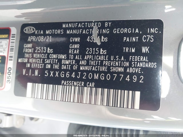 Продажа на аукционе авто 2021 Kia K5 Gt-line, vin: 5XXG64J20MG077492, номер лота: 44667870