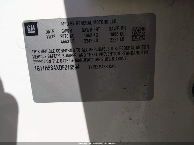 2013 Chevrolet Malibu 1lz მანქანა იყიდება აუქციონზე, vin: 1G11H5SAXDF216594, აუქციონის ნომერი: 44667871