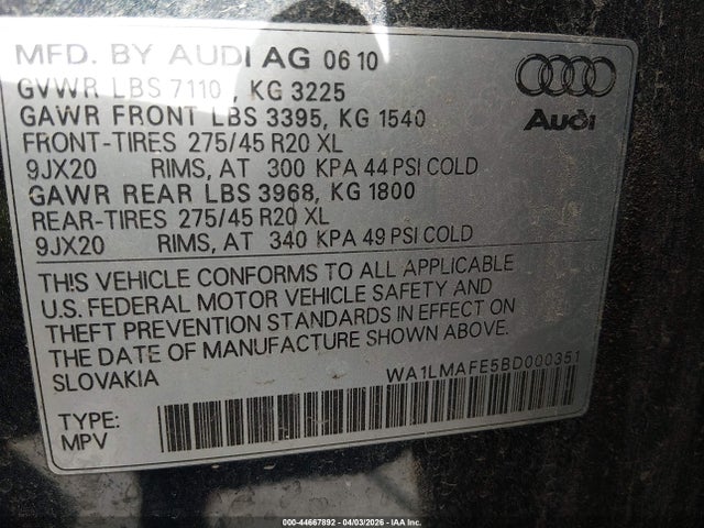 Продажа на аукционе авто 2011 Audi Q7 3.0 Tdi Premium, vin: WA1LMAFE5BD000351, номер лота: 44667892