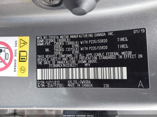 44667919 :رقم المزاد ، 2T2BGMCA1KC036221 vin ، 2019 Lexus Rx 450h مزاد بيع