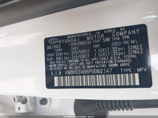 44667924 :رقم المزاد ، KM8K62AB6PU062147 vin ، 2023 Hyundai Kona Sel مزاد بيع