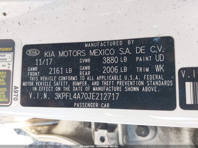 2018 Kia Forte S მანქანა იყიდება აუქციონზე, vin: 3KPFL4A70JE212717, აუქციონის ნომერი: 44667928