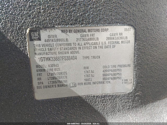 Aukcja sprzedaży 2007 Gmc Sierra 3500 Slt, vin: 1GTHK33687F538404, numer aukcji: 44667942