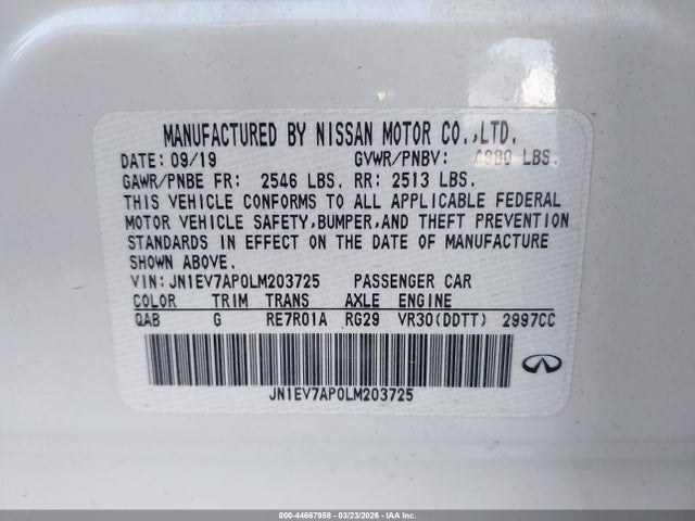 Aukcja sprzedaży 2020 Infiniti Q50 Luxe, vin: JN1EV7AP0LM203725, numer aukcji: 44667958
