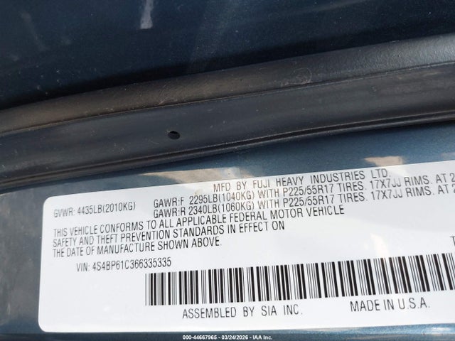 Продажа на аукционе авто 2006 Subaru Outback 2.5i, vin: 4S4BP61C366335335, номер лота: 44667965