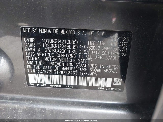 44667969 :رقم المزاد ، 3CZRZ2H31PM748233 vin ، 2023 Honda Hr-v Awd Lx مزاد بيع