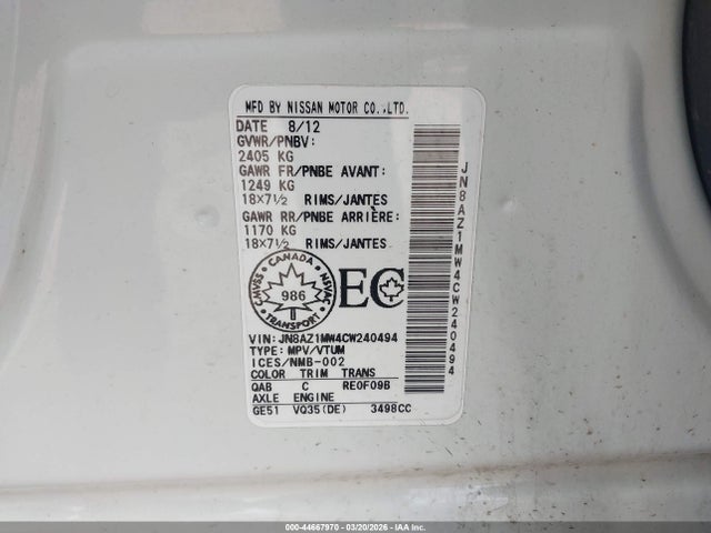 2012 Nissan Murano Sv მანქანა იყიდება აუქციონზე, vin: JN8AZ1MW4CW240494, აუქციონის ნომერი: 44667970