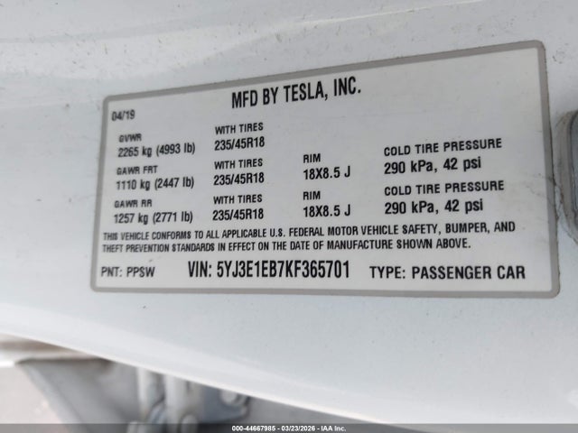 Aukcja sprzedaży 2019 Tesla Model 3 Long Range/performance, vin: 5YJ3E1EB7KF365701, numer aukcji: 44667985