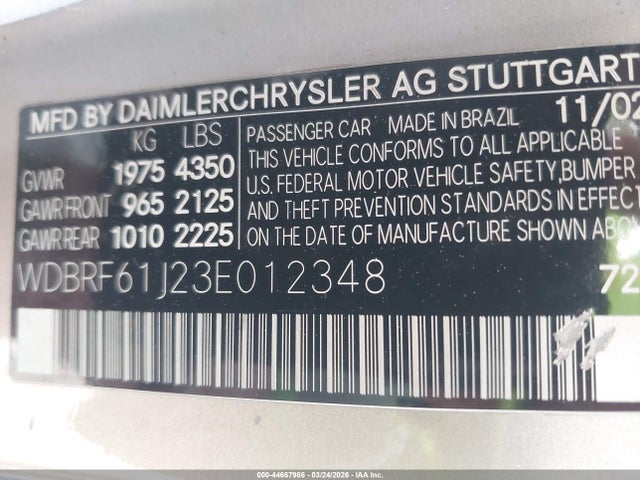 2003 Mercedes-benz C 240 მანქანა იყიდება აუქციონზე, vin: WDBRF61J23E012348, აუქციონის ნომერი: 44667986