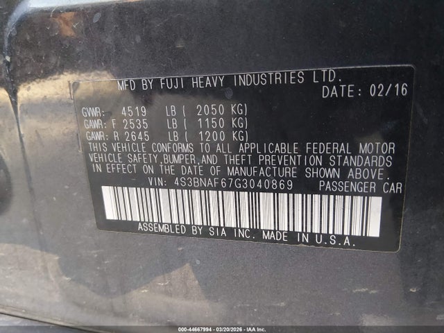 Aukcja sprzedaży 2016 Subaru Legacy 2.5i Premium, vin: 4S3BNAF67G3040869, numer aukcji: 44667994