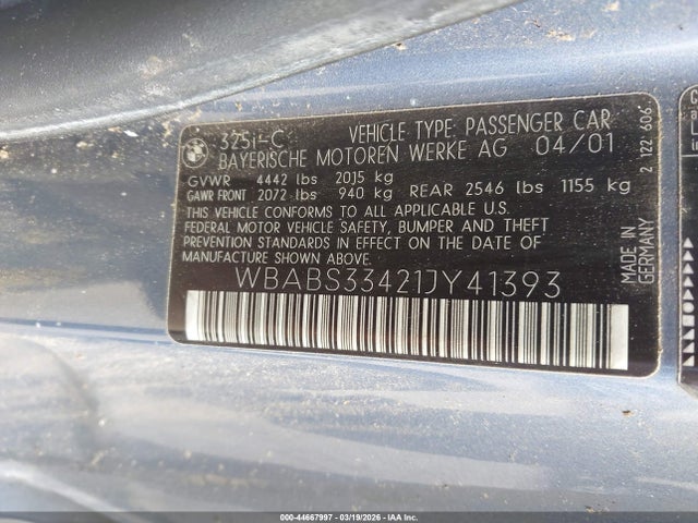 44667997 :رقم المزاد ، WBABS33421JY41393 vin ، 2001 Bmw 325ci مزاد بيع