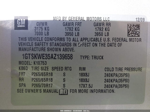 Продаж на аукціоні авто 2010 Gmc Sierra 1500 Slt, vin: 1GTSKWE35AZ139658, номер лоту: 44668022