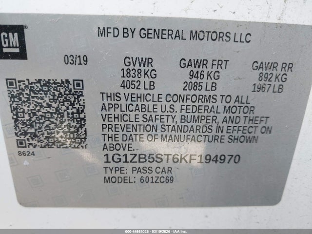 Продаж на аукціоні авто 2019 Chevrolet Malibu 1ls, vin: 1G1ZB5ST6KF194970, номер лоту: 44668026