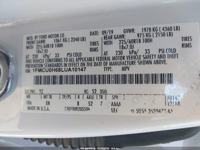 Aukcja sprzedaży 2020 Ford Escape Sel, vin: 1FMCU0H68LUA10147, numer aukcji: 44668029