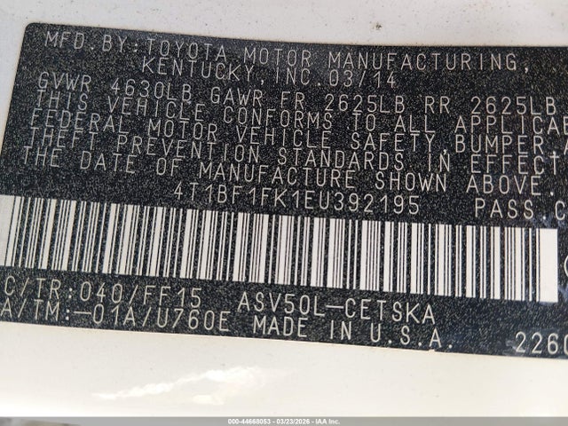 2014 Toyota Camry Se მანქანა იყიდება აუქციონზე, vin: 4T1BF1FK1EU392195, აუქციონის ნომერი: 44668053