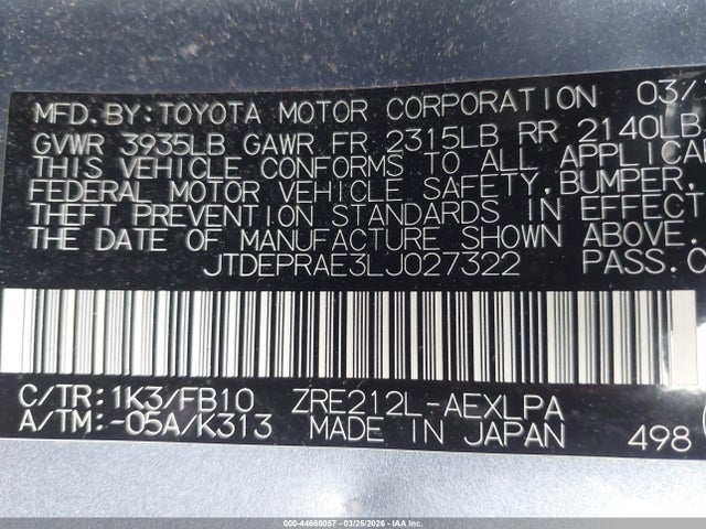 Aukcja sprzedaży 2020 Toyota Corolla Le, vin: JTDEPRAE3LJ027322, numer aukcji: 44668057