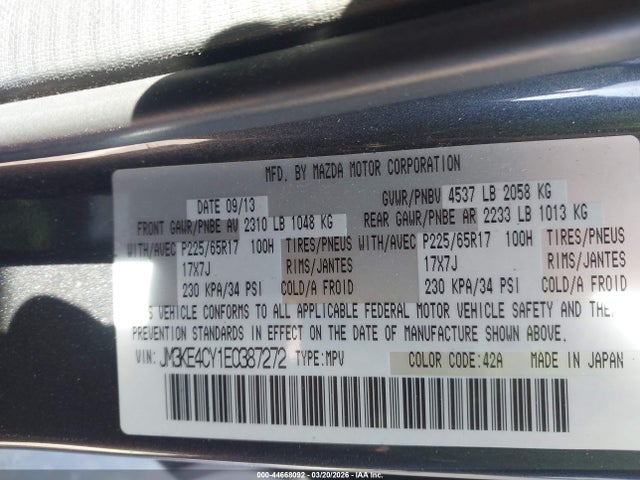 44668092 :رقم المزاد ، JM3KE4CY1E0387272 vin ، 2014 Mazda Cx-5 Touring مزاد بيع
