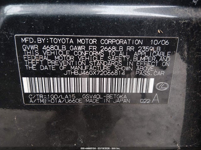 44668104 :رقم المزاد ، JTHBJ46GX72066814 vin ، 2007 Lexus Es 350 مزاد بيع