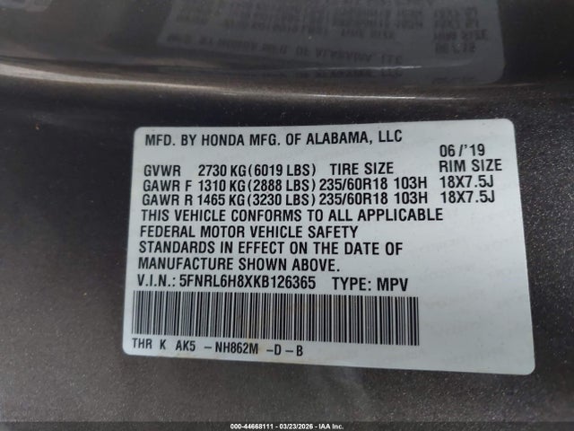 2019 HONDA ODYSSEY 5FNRL6H8XKB126365 Photo 8