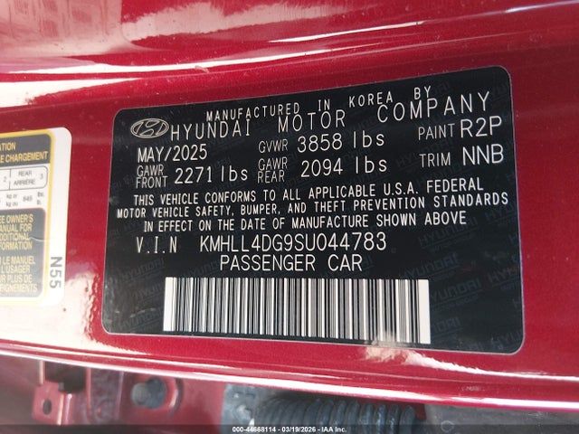44668114 :رقم المزاد ، KMHLL4DG9SU044783 vin ، 2025 Hyundai Elantra Se مزاد بيع
