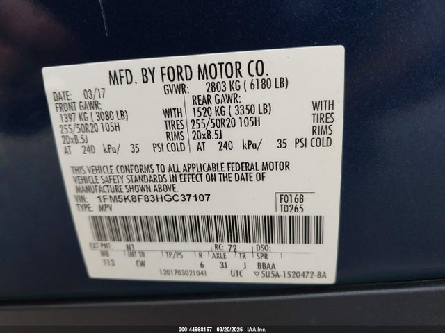 Продаж на аукціоні авто 2017 Ford Explorer Limited, vin: 1FM5K8F83HGC37107, номер лоту: 44668157