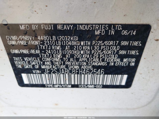 Aukcja sprzedaży 2015 Subaru Forester 2.5i, vin: JF2SJABC8FH462546, numer aukcji: 44668162