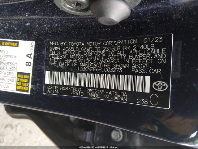 44668172 :رقم المزاد ، JTDBCMFE6PJ003273 vin ، 2023 Toyota Corolla Hybrid Le مزاد بيع